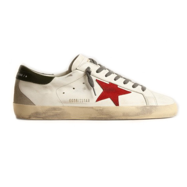 Golden Goose Superstar Red Suede Star and Green Leather Heel Tab