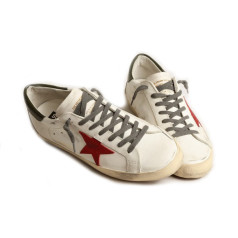 Golden Goose Superstar Red Suede Star and Green Leather Heel Tab