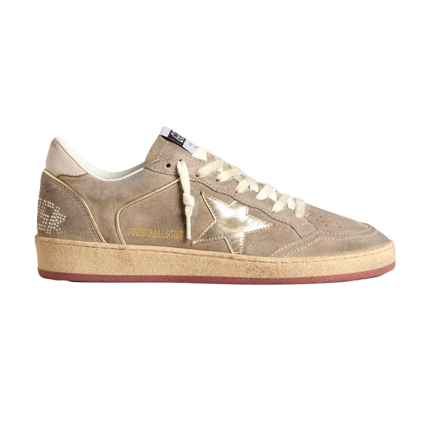 Golden Goose Ball Star Beige Suede with Gold metallic leather star and Bead lettering